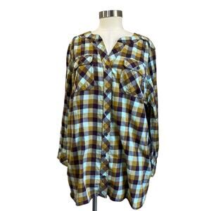 Duluth Trading Flannel Tunic Plaid Long Sleeve Cotton Blend Button Shirt 1X